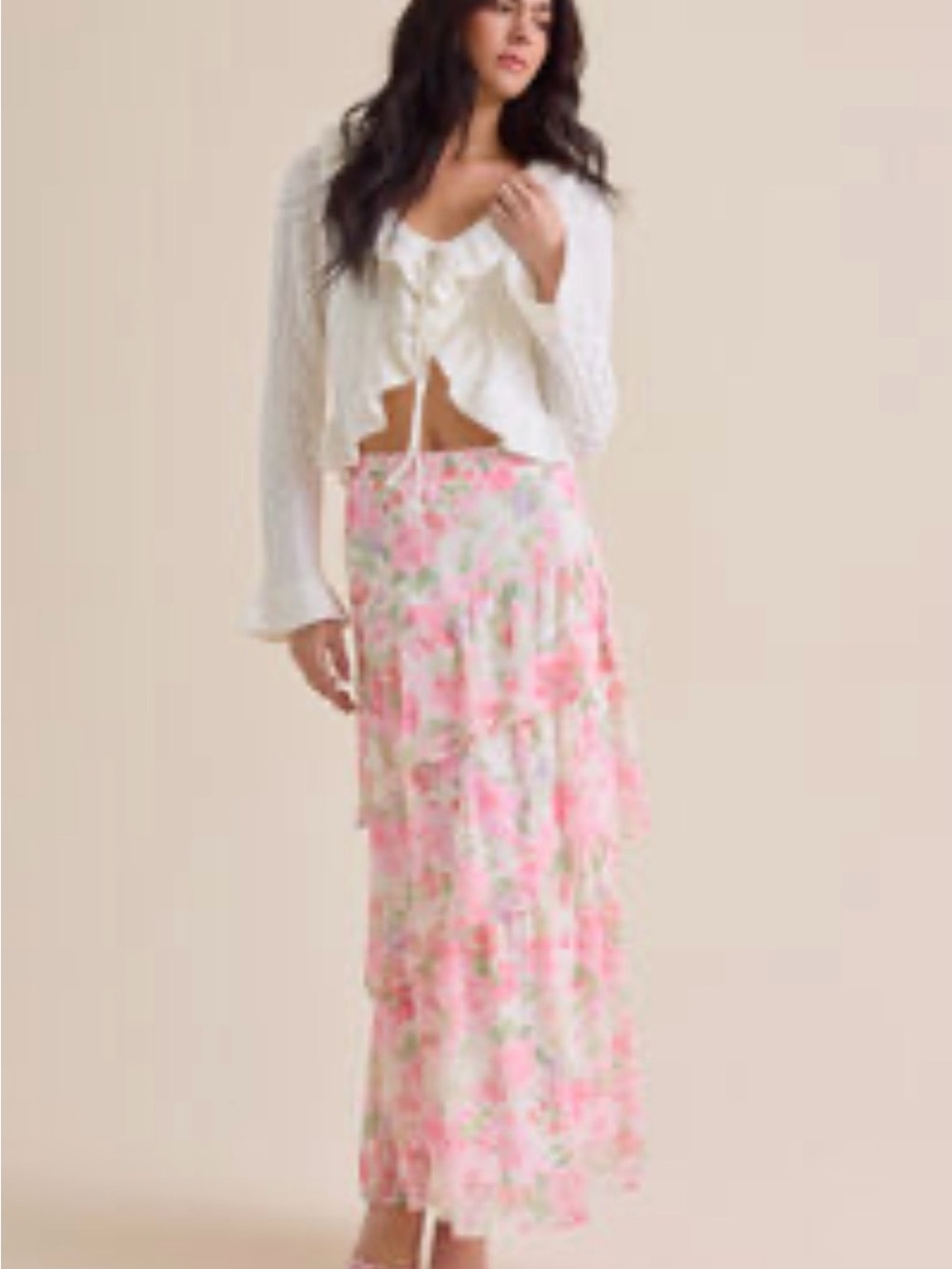 Altar'd State Pink Floral Tiered Maxi Skirt